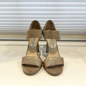 JIMMY CHOO suede/ fine glitter heels Nude color/ subtle gold glitter